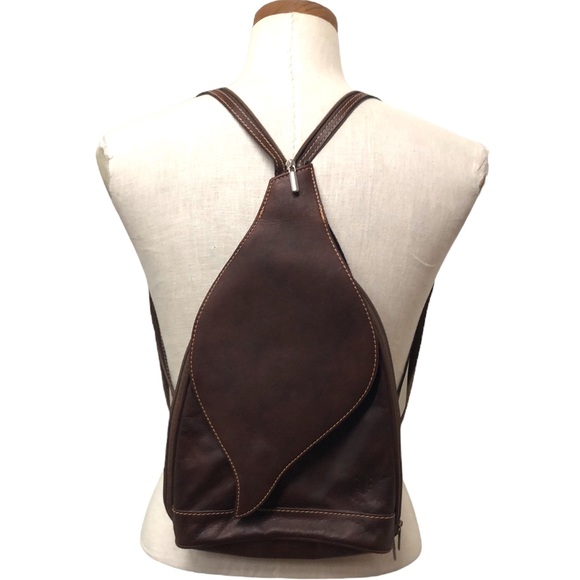 Vera Pelle Handbags - Vera Pelle Leather Mini Backpack Brown Leaf Shaped Flap